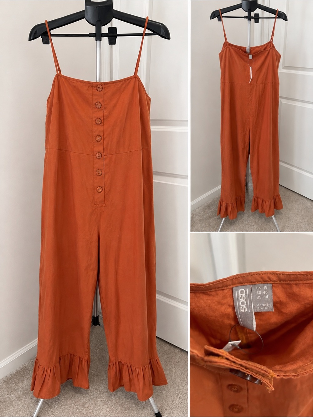 ASOS Rust Orange Spaghetti-Strap Button-Front Ruffle-Hem Jumpsuit